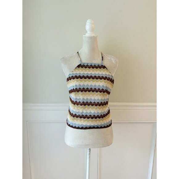 Crochet Halter Top With Adjustable Straps By Derek Heart L Multicolor Chevron Pa - Picture 2 of 5